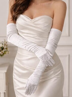 White Crystal 19" Long Satin Gloves Formal Evening Wear Fashion Accessory